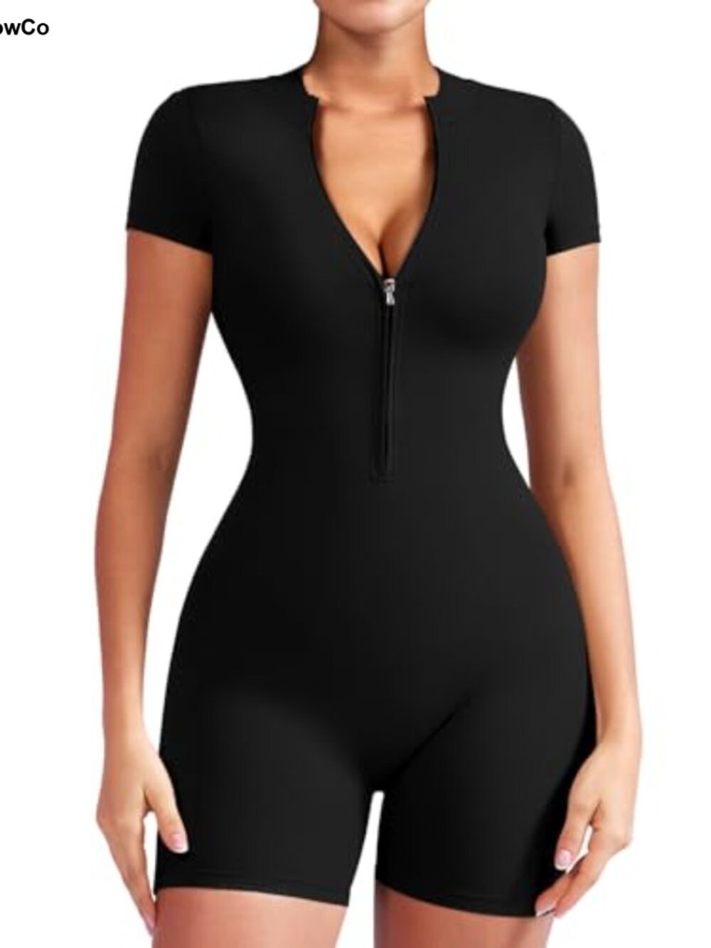 YEOREO CoreFlex Short Sleeve Workout Jumpsuit Collared Zip Short